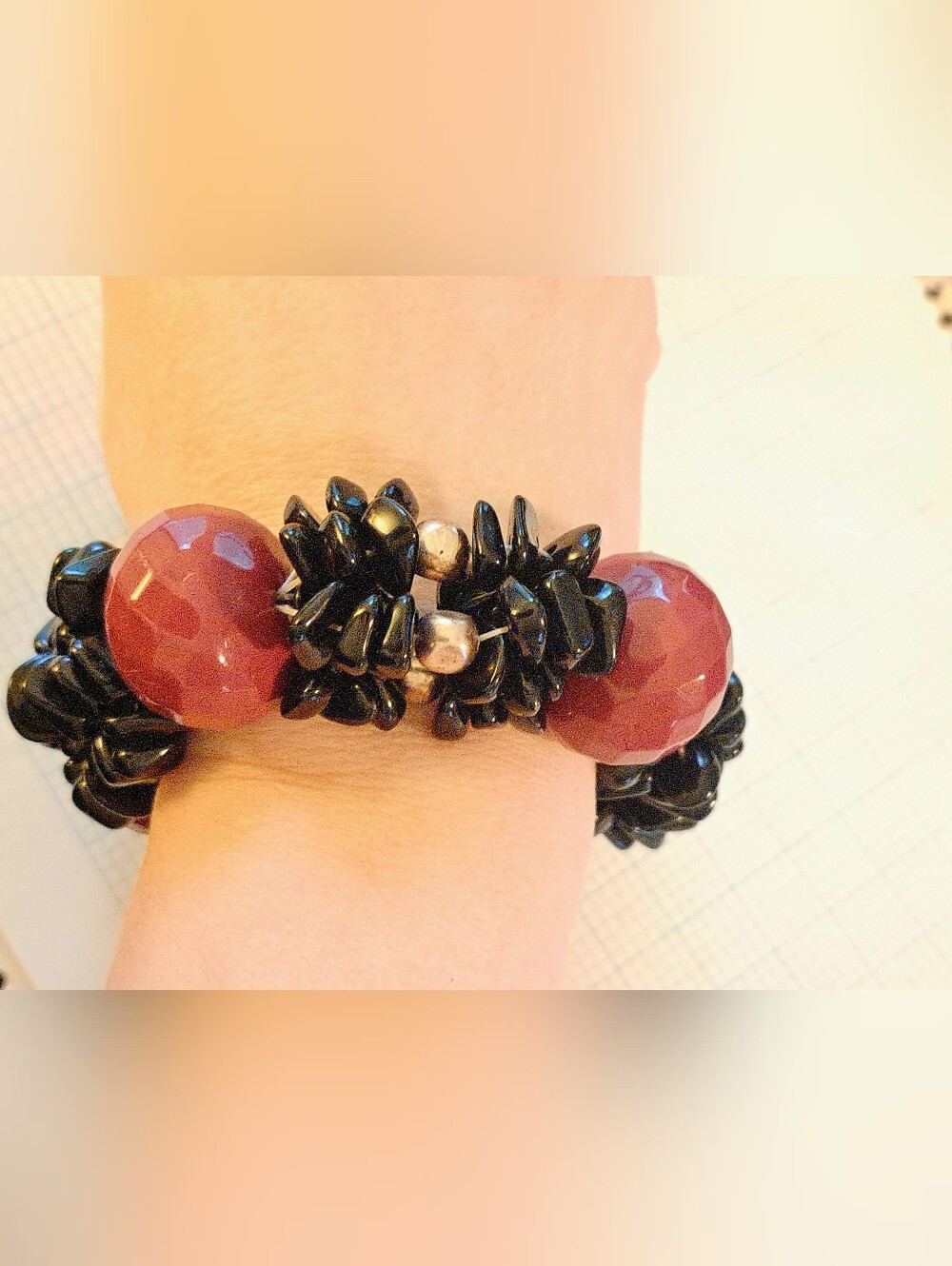 Black and Burgundy Chunky Beaded Stretch Bracelet